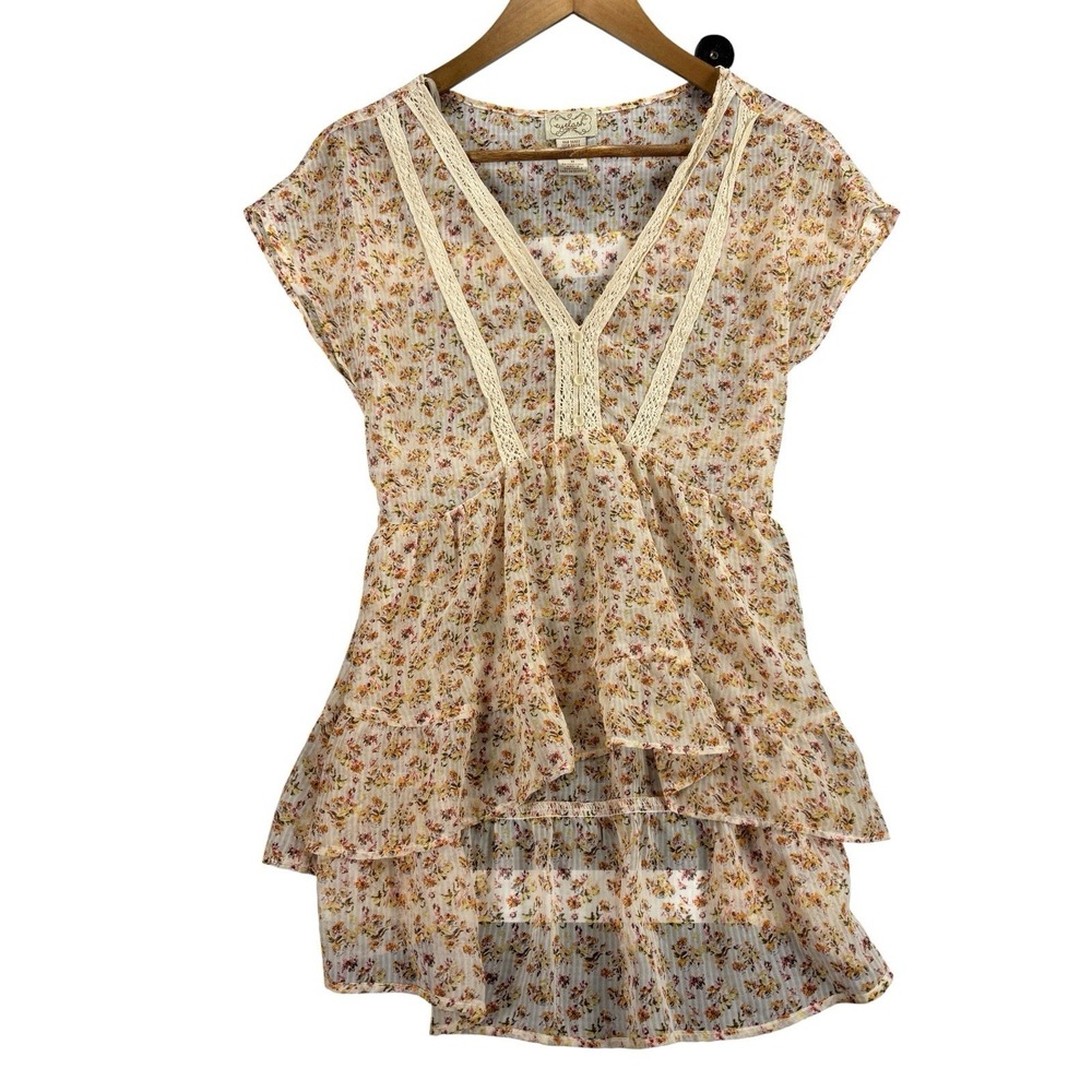Eyelash Floral Lace Trim Boho Tank Top Medium Tie Back Hi Low Cottagecore